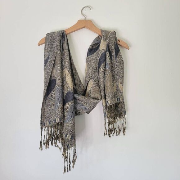 Pashmina Silk Scarf Fringe Paisley Blue Yellow Gray OS - Picture 1 of 7